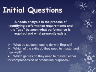  What do student need to do with English?
 Which of the skills do they need to master and
how well?
 Which genres do they need to master, either
for comprehension or production purposes?
A needs analysis is the process of
identifying performance requirements and
the "gap" between what performance is
required and what presently exists.
 