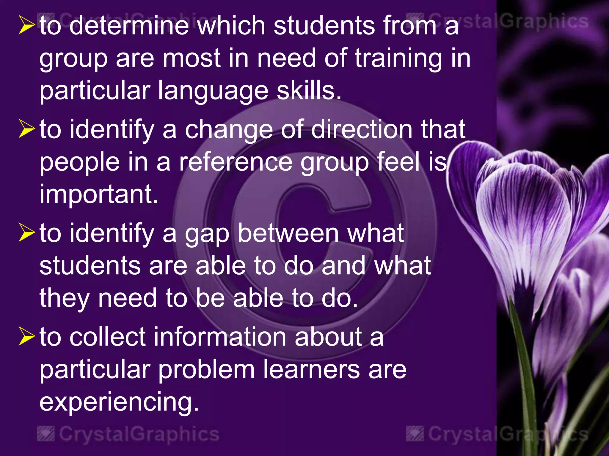 to determine which students from a
group are most in need of training in
particular language skills.
to identify a change of direction that
people in a reference group feel is
important.
to identify a gap between what
students are able to do and what
they need to be able to do.
to collect information about a
particular problem learners are
experiencing.
 