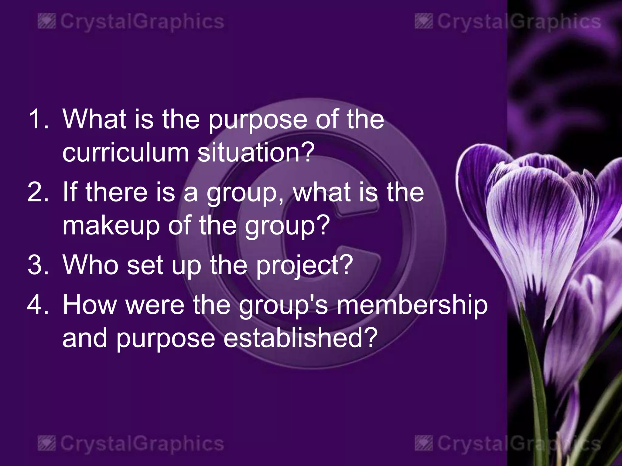 1. What is the purpose of the
curriculum situation?
2. If there is a group, what is the
makeup of the group?
3. Who set up the project?
4. How were the group's membership
and purpose established?
 