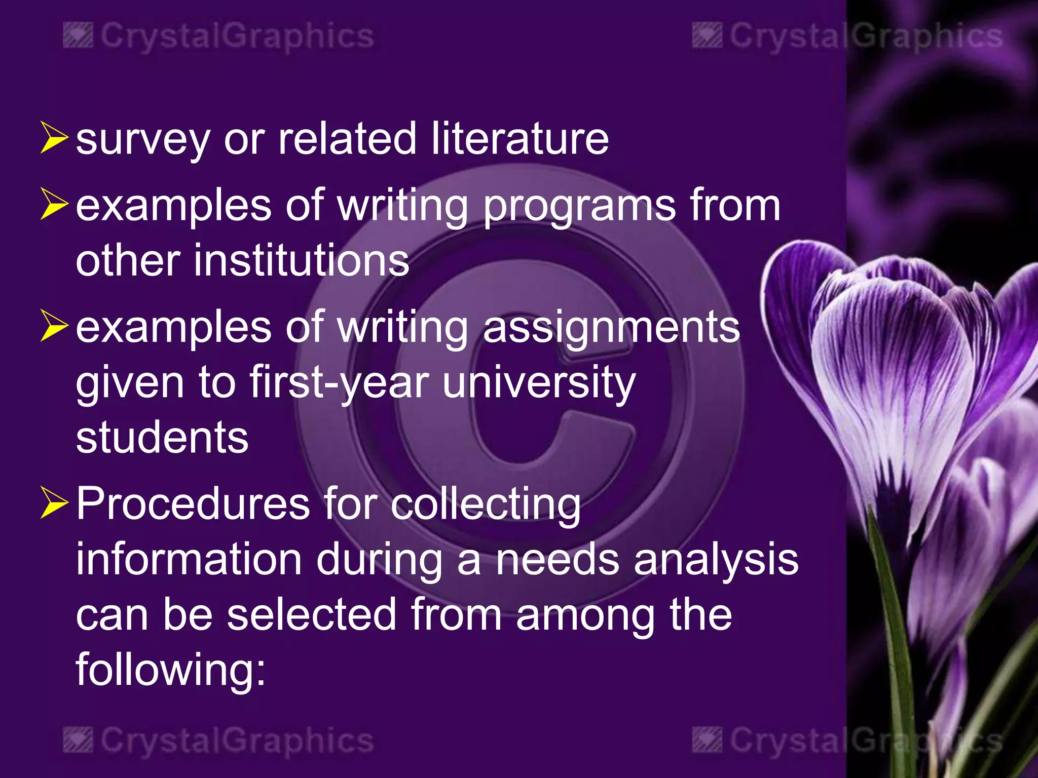 survey or related literature
examples of writing programs from
other institutions
examples of writing assignments
given to first-year university
students
Procedures for collecting
information during a needs analysis
can be selected from among the
following:
 