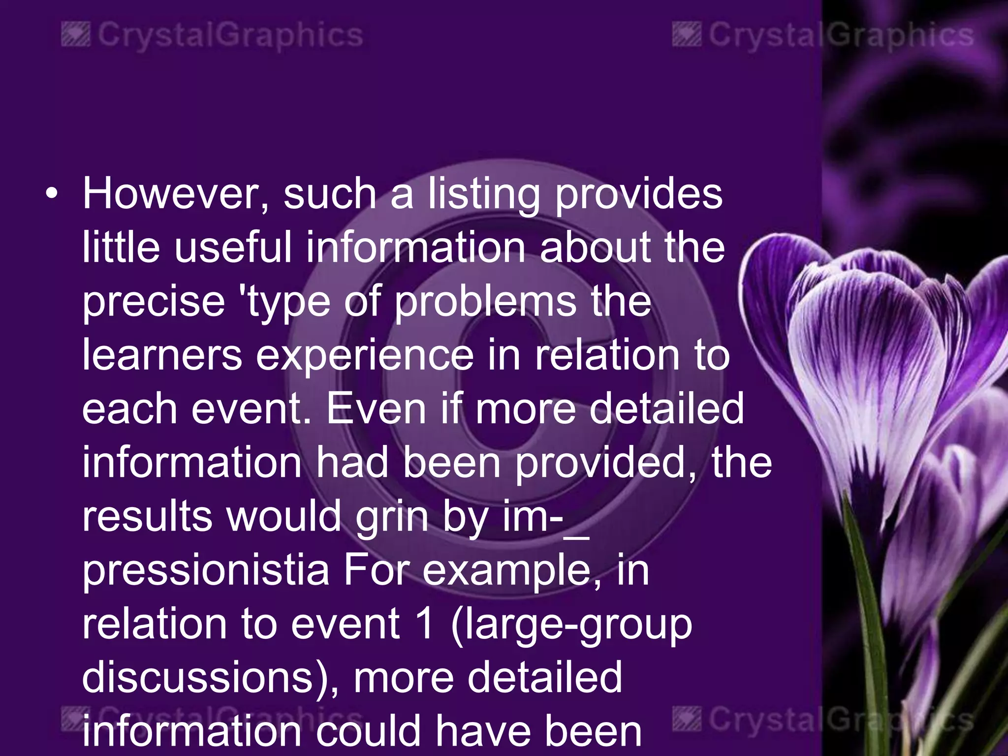 • However, such a listing provides
little useful information about the
precise 'type of problems the
learners experience in relation to
each event. Even if more detailed
information had been provided, the
results would grin by im-_
pressionistia For example, in
relation to event 1 (large-group
discussions), more detailed
information could have been
 