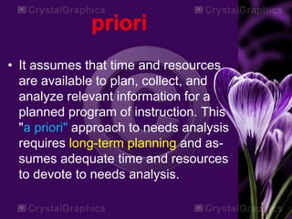 priori
• It assumes that time and resources
are available to plan, collect, and
analyze relevant information for a
planned program of instruction. This
"a priori" approach to needs analysis
requires long-term planning and as-
sumes adequate time and resources
to devote to needs analysis.
 