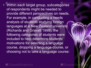 • Within each target group, subcategories
of respondents might be needed to
provide different perspectives on needs.
For example, in conducting a needs
analysis of students studying foreign
languages at a New Zealand university
(Richards and Gravatt 1998), the
following categories of students were
included to help determine students'
motivations for selecting a language
course, dropping a language course, or
choosing not to take a language course:
 