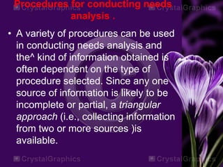 Procedures for conducting needs
analysis .
• A variety of procedures can be used
in conducting needs analysis and
the^ kind of information obtained is
often dependent on the type of
procedure selected. Since any one
source of information is likely to be
incomplete or partial, a triangular
approach (i.e., collecting information
from two or more sources )is
available.
 