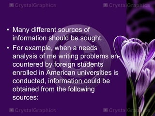 • Many different sources of
information should be sought.
• For example, when a needs
analysis of me writing problems en-
countered by foreign students
enrolled in American universities is
conducted, information could be
obtained from the following
sources:
 