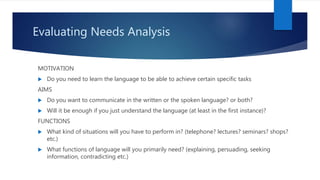 Evaluating Needs Analysis
MOTIVATION
 Do you need to learn the language to be able to achieve certain specific tasks
AIMS
 Do you want to communicate in the written or the spoken language? or both?
 Will it be enough if you just understand the language (at least in the first instance)?
FUNCTIONS
 What kind of situations will you have to perform in? (telephone? lectures? seminars? shops?
etc.)
 What functions of language will you primarily need? (explaining, persuading, seeking
information, contradicting etc.)
 
