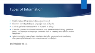 Types of Information
 Problems (Identify problems being experienced)
 Priorities (investigate topics, language uses, skills, etc)
 Abilities (determine the abilities of students at entry)
 Attitudes (addressed to the students on how well they like studying “grammar
points” as opposed to language functions such as “seeking information on the
telephone”)
 Solutions (elicits ideas of perceived problems for solutions in terms of what
changes might bring about compromise and resolution).
(BROWN 1995: 43-44)
 