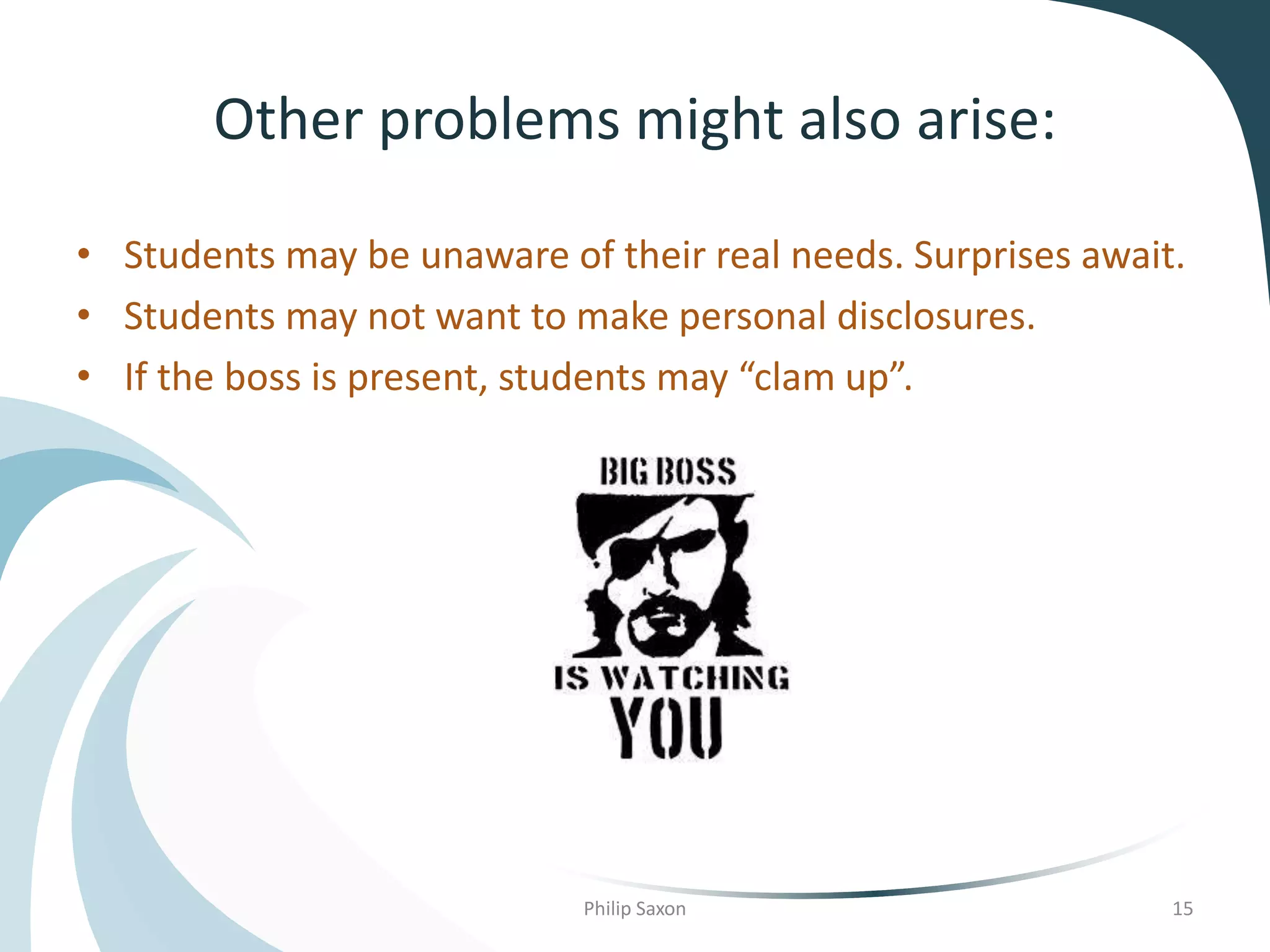 Other problems might also arise:
• Students may be unaware of their real needs. Surprises await.
• Students may not want to make personal disclosures.
• If the boss is present, students may “clam up”.
Philip Saxon 15
 