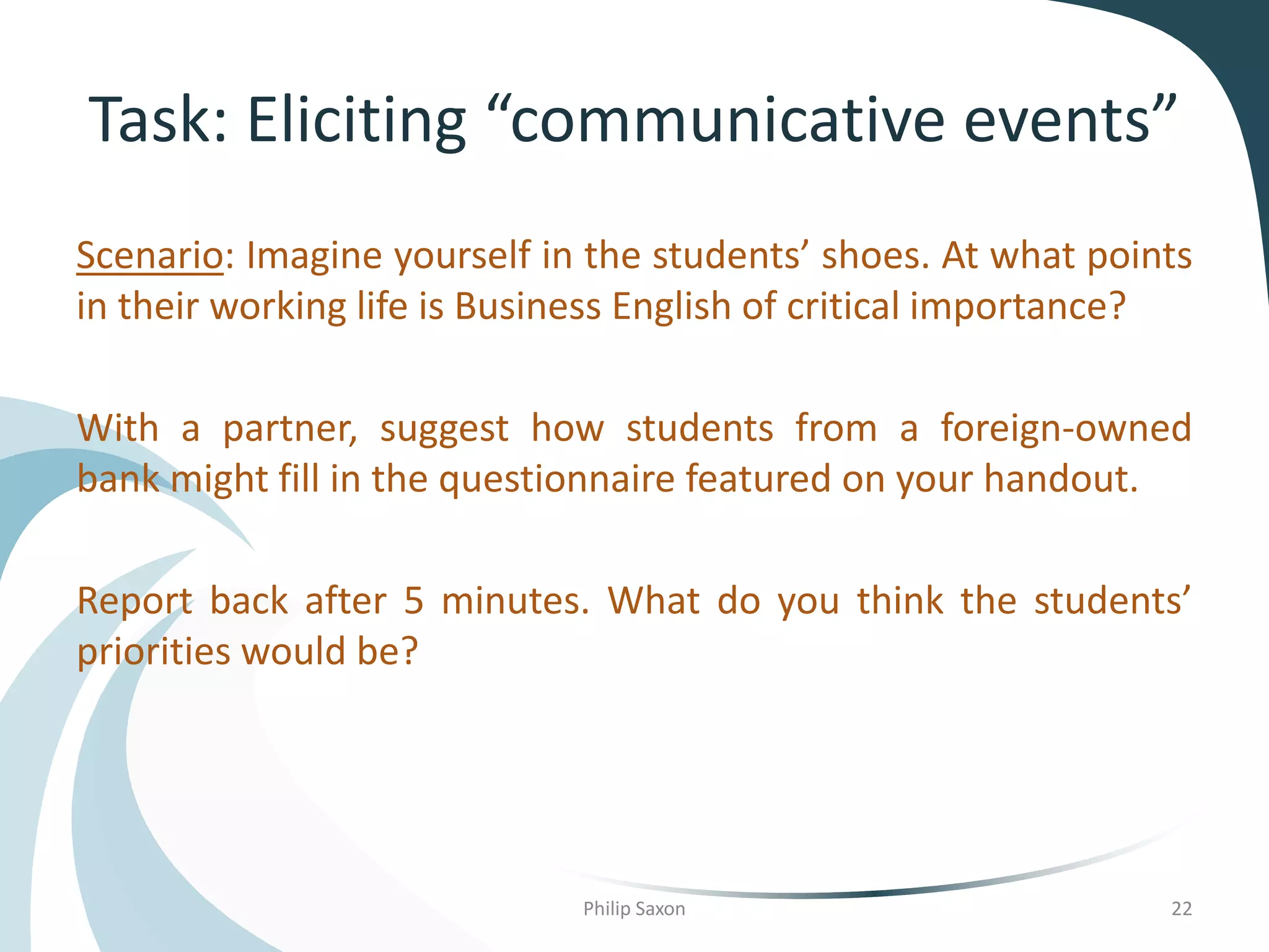 Task: Eliciting “communicative events”
Scenario: Imagine yourself in the students’ shoes. At what points
in their working life is Business English of critical importance?
With a partner, suggest how students from a foreign-owned
bank might fill in the questionnaire featured on your handout.
Report back after 5 minutes. What do you think the students’
priorities would be?
Philip Saxon 22
 