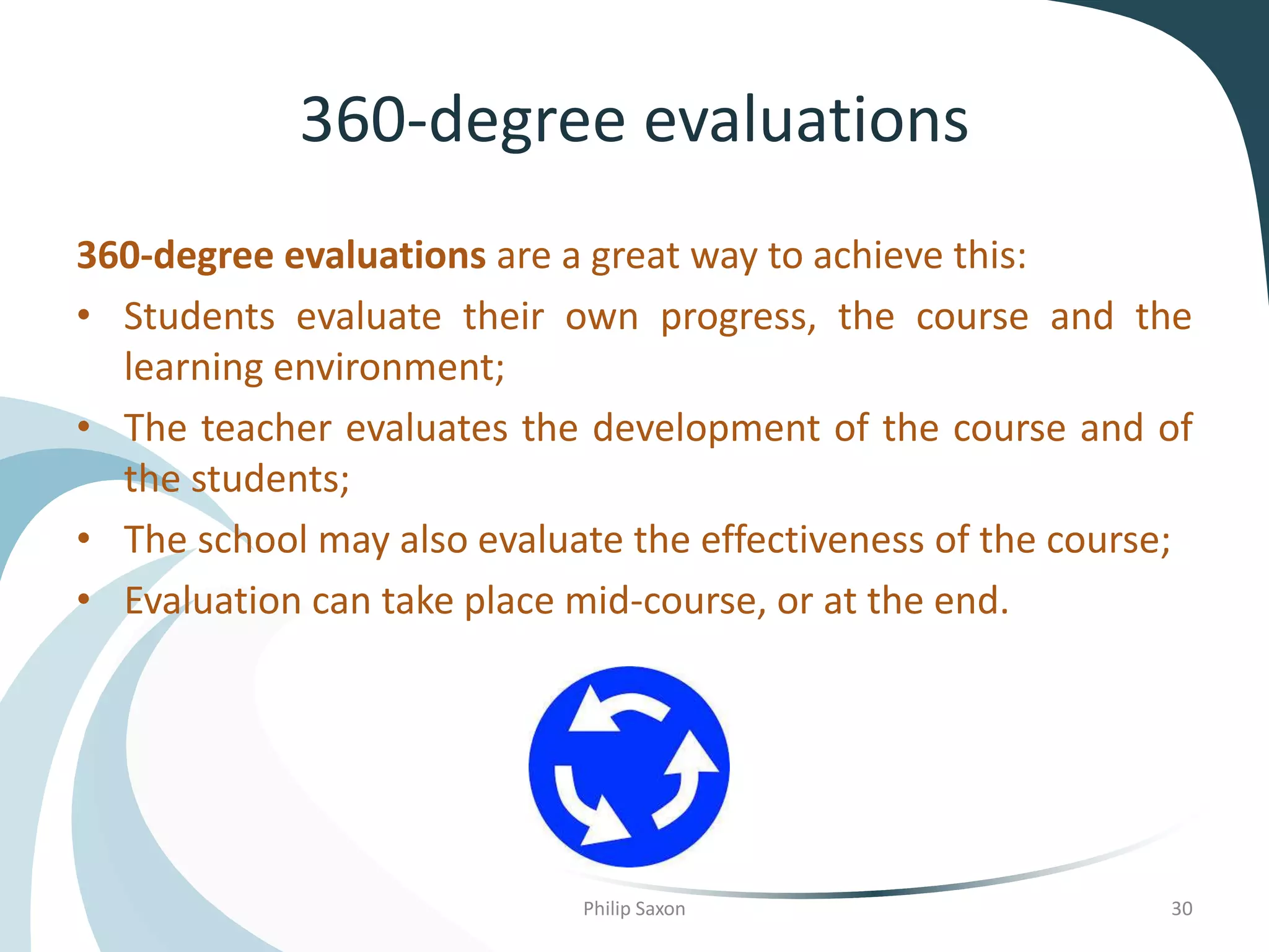 360-degree evaluations
360-degree evaluations are a great way to achieve this:
• Students evaluate their own progress, the course and the
learning environment;
• The teacher evaluates the development of the course and of
the students;
• The school may also evaluate the effectiveness of the course;
• Evaluation can take place mid-course, or at the end.
Philip Saxon 30
 