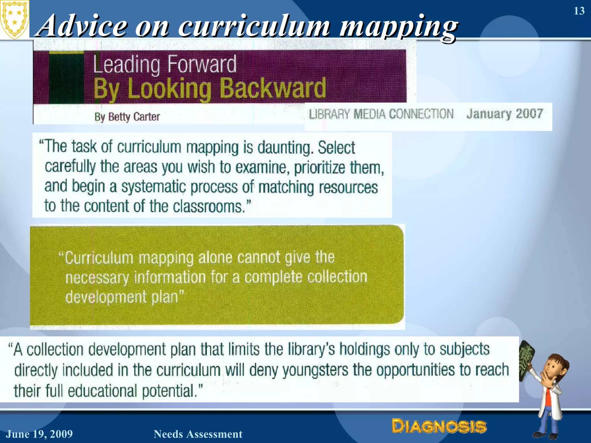 Advice on curriculum mapping June 19, 2009 Needs Assessment 