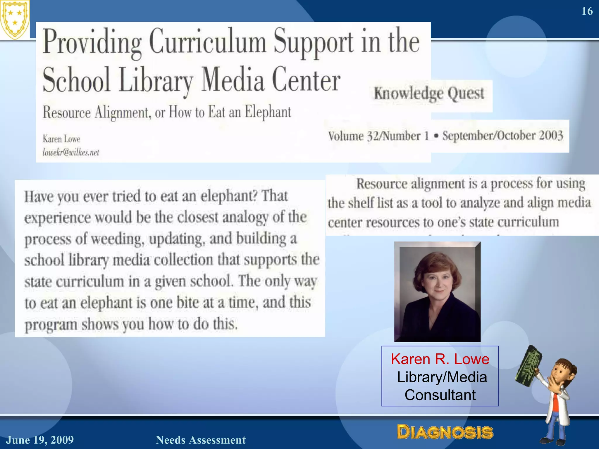 June 19, 2009 Needs Assessment Karen R. Lowe  Library/Media Consultant 