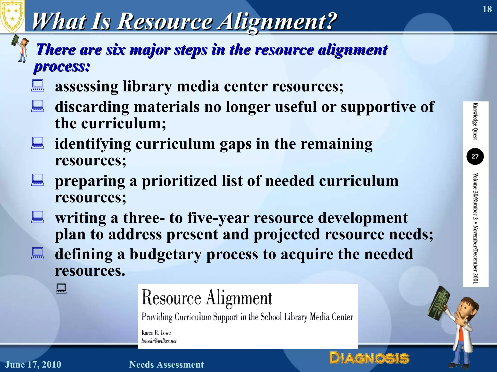 What Is Resource Alignment?  There are six major steps in the resource alignment process: assessing library media center resources; discarding materials no longer useful or supportive of the curriculum; identifying curriculum gaps in the remaining resources; preparing a prioritized list of needed curriculum resources;  writing a three- to five-year resource development plan to address present and projected resource needs;  defining a budgetary process to acquire the needed resources.   June 17, 2010 Needs Assessment 