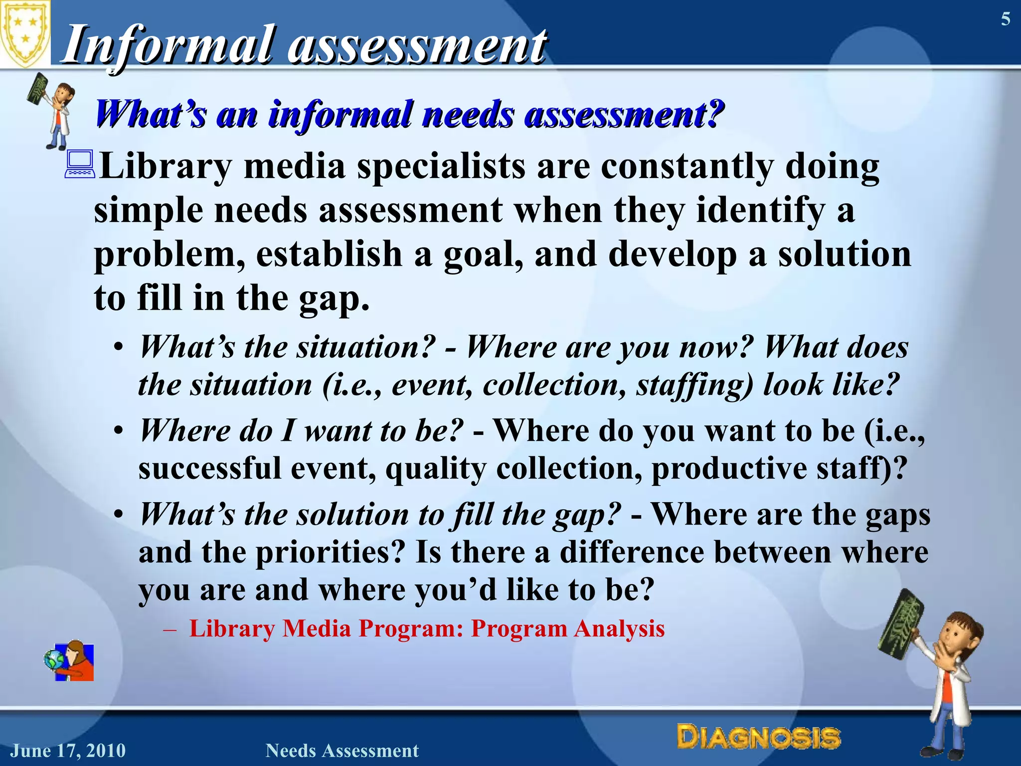 Informal assessment What’s an informal needs assessment?  Library media specialists are constantly doing simple needs assessment when they identify a problem, establish a goal, and develop a solution to fill in the gap.   What’s the situation? - Where are you now? What does the situation (i.e., event, collection, staffing) look like?   Where do I want to be?  - Where do you want to be (i.e., successful event, quality collection, productive staff)?  What’s the solution to fill the gap?  - Where are the gaps and the priorities? Is there a difference between where you are and where you’d like to be? Library Media Program: Program Analysis June 17, 2010 Needs Assessment 