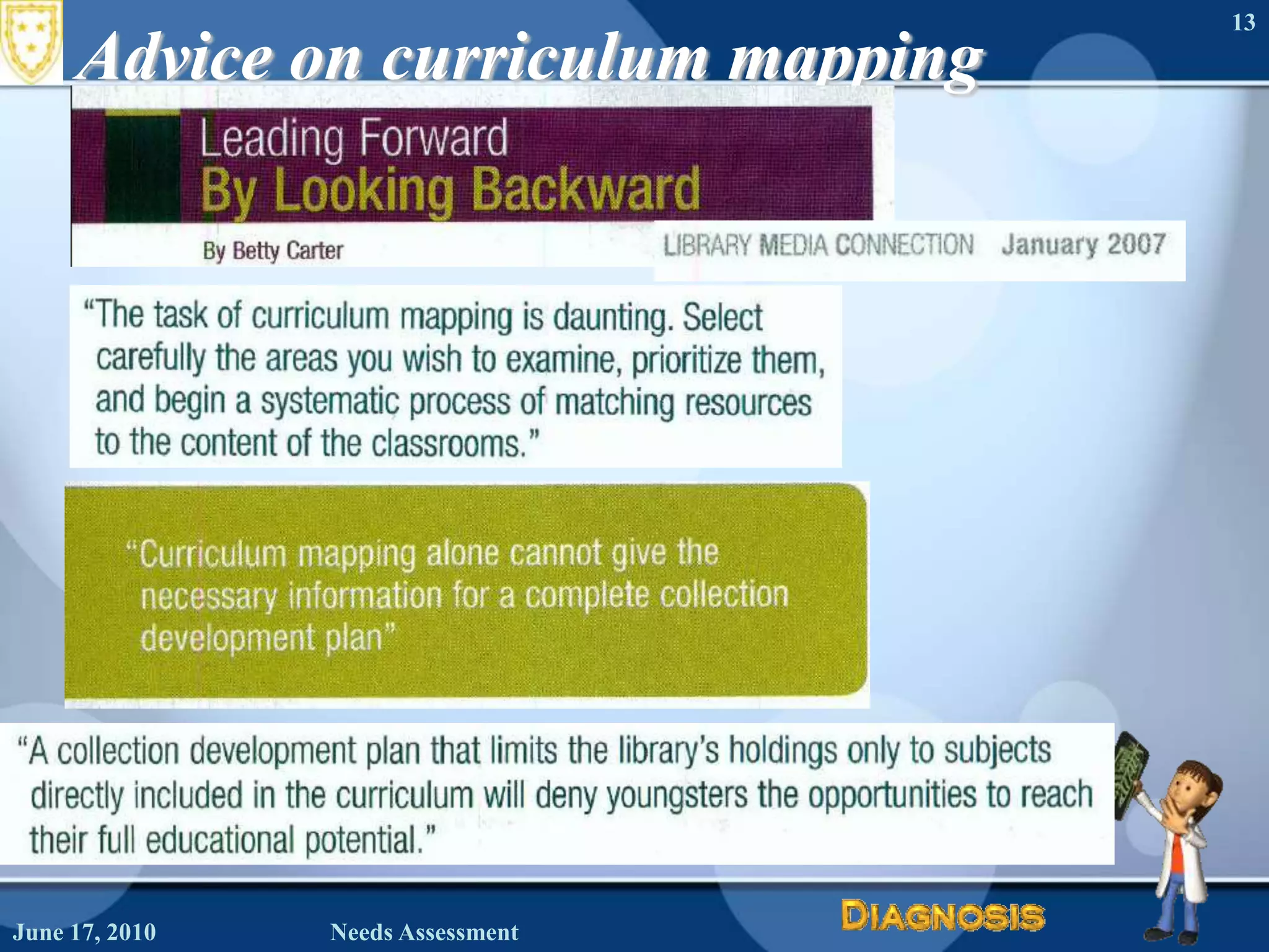 Advice on curriculum mappingJune 16, 2010Needs Assessment13
