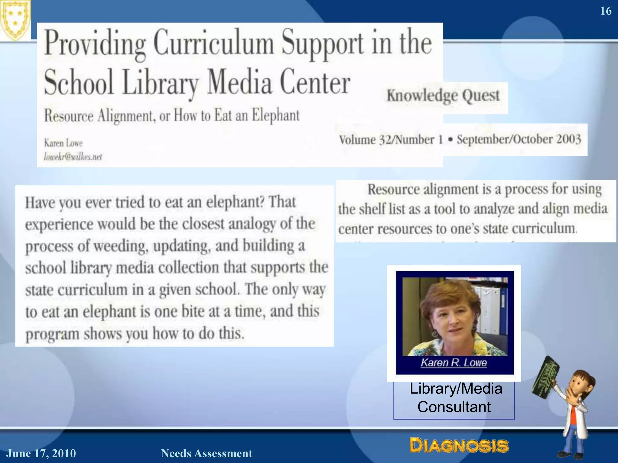 June 16, 2010Needs Assessment16Karen R. Lowe Library/Media Consultant