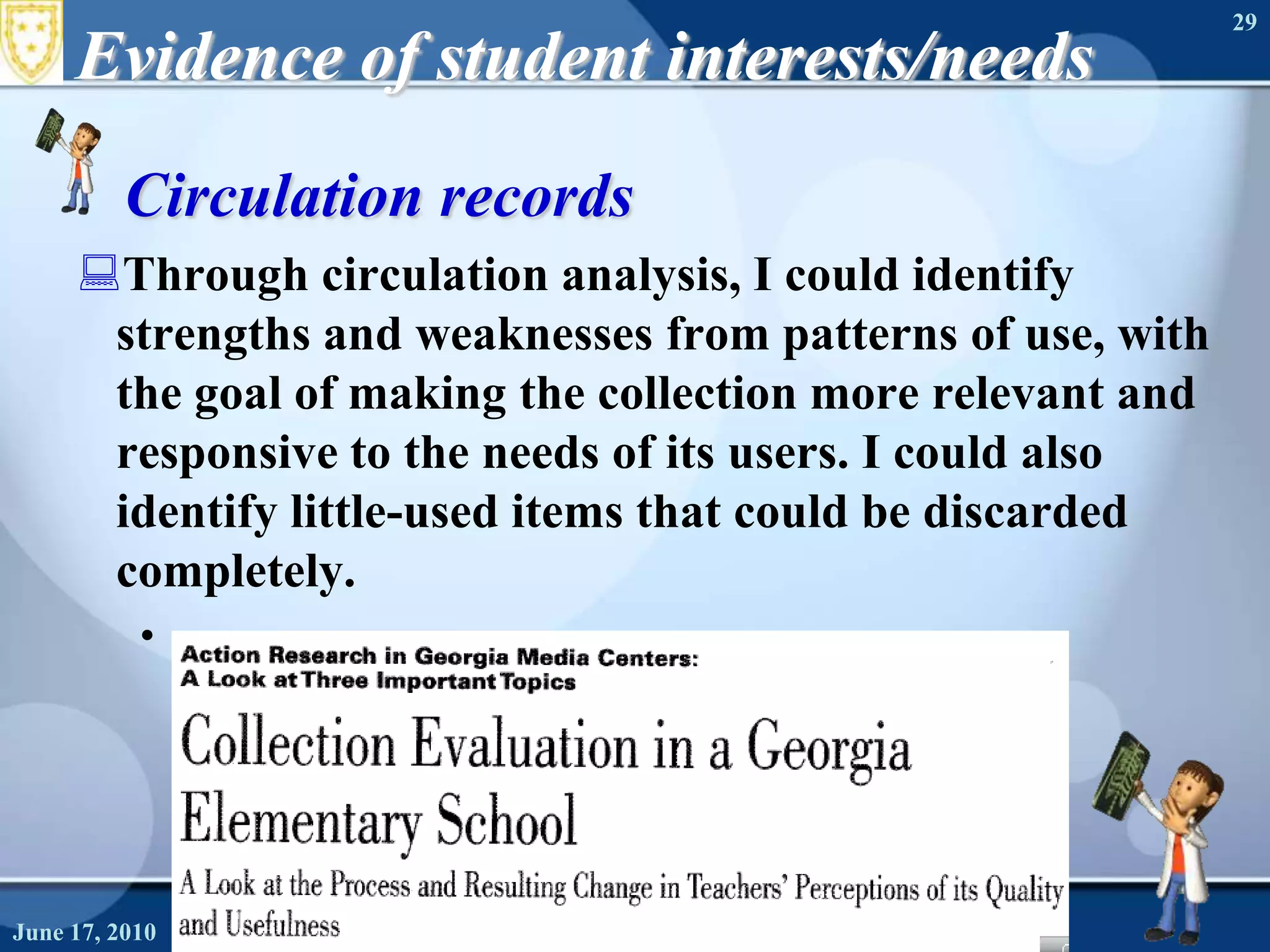 Evidence of student interests/needsCirculation recordsThrough circulation analysis, I could identify strengths and weaknesses from patterns of use, with the goal of making the collection more relevant and responsive to the needs of its users. I could also identify little-used items that could be discarded completely.June 16, 2010Needs Assessment29