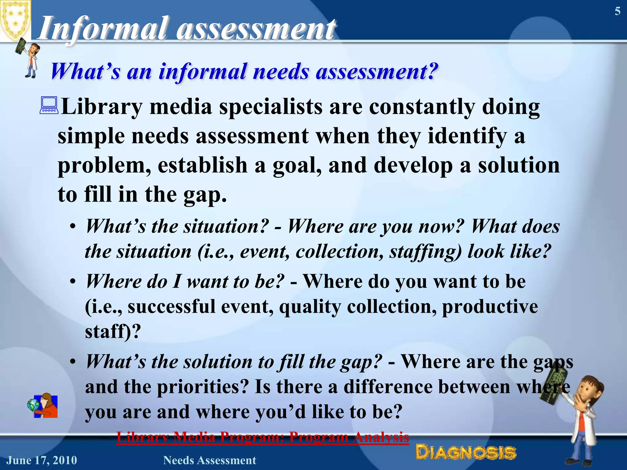 June 16, 2010Needs Assessment5Informal assessmentWhat’s an informal needs assessment? Library media specialists are constantly doing simple needs assessment when they identify a problem, establish a goal, and develop a solution to fill in the gap.What’s the situation? - Where are you now? What does the situation (i.e., event, collection, staffing) look like?Where do I want to be? - Where do you want to be (i.e., successful event, quality collection, productive staff)? What’s the solution to fill the gap? - Where are the gaps and the priorities? Is there a difference between where you are and where you’d like to be?Library Media Program: Program Analysis