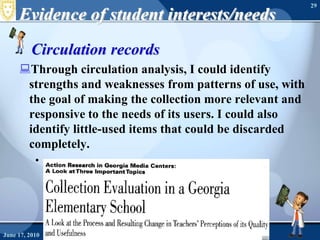 Evidence of student interests/needsCirculation recordsThrough circulation analysis, I could identify strengths and weaknesses from patterns of use, with the goal of making the collection more relevant and responsive to the needs of its users. I could also identify little-used items that could be discarded completely.June 16, 2010Needs Assessment29