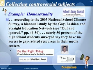 Collecting controversial subjects<br />Example:  Homosexuality<br />. . . according to the 2003 National School Climate Su...