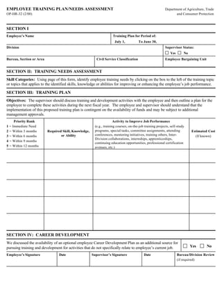 EMPLOYEE TRAINING PLAN/NEEDS ASSESSMENT                                                                     Department of Agriculture, Trade
OP-HR-32 (2/00)                                                                                                    and Consumer Protection



SECTION I
Employee’s Name                                                       Training Plan for Period of:
                                                                       July 1,           To June 30,
Division                                                                                                    Supervisor Status:
                                                                                                               Yes       No
Bureau, Section or Area                                   Civil Service Classification                      Employee Bargaining Unit


SECTION II: TRAINING NEEDS ASSESSMENT
Skill Categories: Using page of this form, identify employee training needs by clicking on the box to the left of the training topic
or topics that applies to the identified skills, knowledge or abilities for improving or enhancing the employee’s job performance.

SECTION III: TRAINING PLAN
Objectives: The supervisor should discuss training and development activities with the employee and then outline a plan for the
employee to complete these activities during the next fiscal year. The employee and supervisor should understand that the
implementation of this proposed training plan is contingent on the availability of funds and may be subject to additional
management approvals.
     Priority Rank                                                     Activity to Improve Job Performance
1 = Immediate Need                                       (e.g., training courses, on-the-job training projects, self-study
2 = Within 3 months       Required Skill, Knowledge,     programs, special tasks, committee assignments, attending            Estimated Cost
3 = Within 6 months               or Ability             conferences, mentoring initiatives, training others, Inter-            (If known)
                                                         Division collaborations, internships, apprenticeships,
4 = Within 9 months
                                                         continuing education opportunities, professional certification
5 = Within 12 months                                     avenues, etc.)




SECTION IV: CAREER DEVELOPMENT
We discussed the availability of an optional employee Career Development Plan as an additional source for
pursuing training and development for activities that do not specifically relate to employee’s current job.                   Yes      No

Employee’s Signature             Date                  Supervisor’s Signature               Date                     Bureau/Division Review
                                                                                                                     (if required)
 
