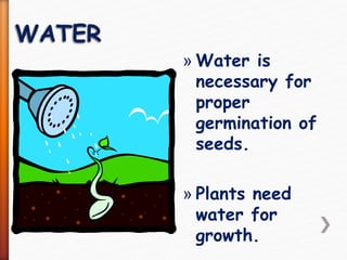 » Water is
necessary for
proper
germination of
seeds.
» Plants need
water for
growth.
 