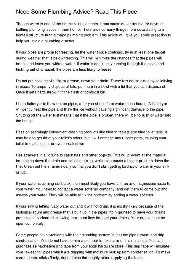 Need Some Plumbing Advice Read This Piece