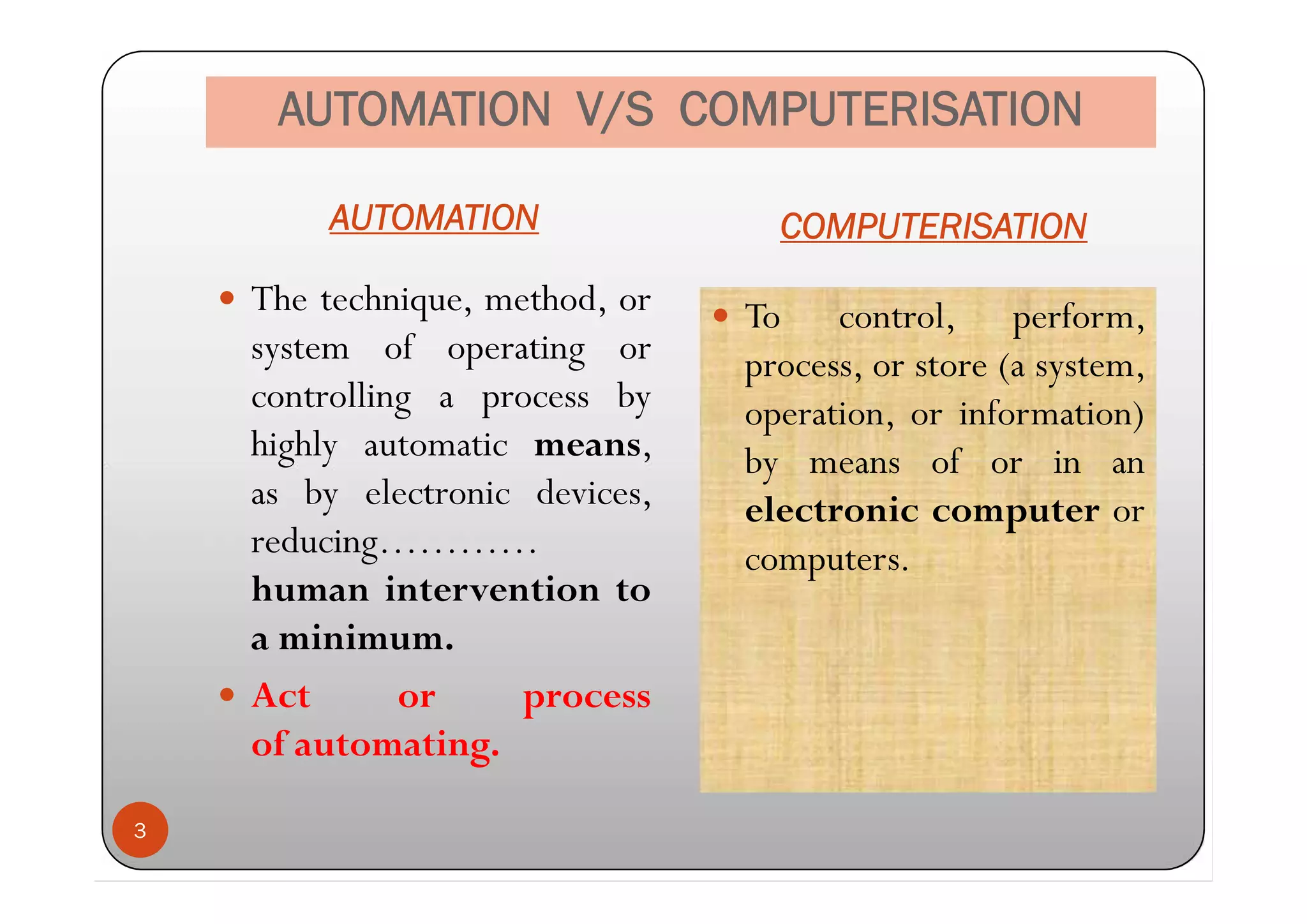 AUTOMATION V/S COMPUTERISATION
AUTOMATION COMPUTERISATION
 The technique, method, or
system of operating or
controlling a process by
highly automatic means,
as by electronic devices,
reducing…………
human intervention to
a minimum.
 Act or process
of automating.
 To control, perform,
process, or store (a system,
operation, or information)
by means of or in an
electronic computer or
computers.
3
 The technique, method, or
system of operating or
controlling a process by
highly automatic means,
as by electronic devices,
reducing…………
human intervention to
a minimum.
 Act or process
of automating.
 To control, perform,
process, or store (a system,
operation, or information)
by means of or in an
electronic computer or
computers.
 