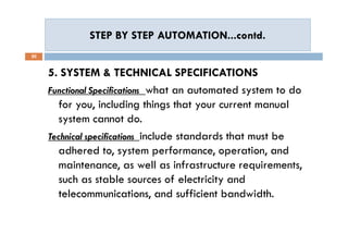 STEP BY STEP AUTOMATION...contd.STEP BY STEP AUTOMATION...contd.
20
5. SYSTEM & TECHNICAL SPECIFICATIONS
Functional Specifications what an automated system to do
for you, including things that your current manual
system cannot do.
Technical specifications include standards that must be
adhered to, system performance, operation, and
maintenance, as well as infrastructure requirements,
such as stable sources of electricity and
telecommunications, and sufficient bandwidth.
5. SYSTEM & TECHNICAL SPECIFICATIONS
Functional Specifications what an automated system to do
for you, including things that your current manual
system cannot do.
Technical specifications include standards that must be
adhered to, system performance, operation, and
maintenance, as well as infrastructure requirements,
such as stable sources of electricity and
telecommunications, and sufficient bandwidth.
 