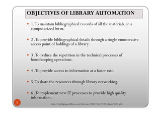 OBJECTIVES OF LIBRARY AUTOMATIONOBJECTIVES OF LIBRARY AUTOMATION
 1.To maintain bibliographical records of all the materials, in a
computerized form.
 2 .To provide bibliographical details through a single enumerative
access point of holdings of a library.
 3 .To reduce the repetition in the technical processes of
housekeeping operations.
 4 .To provide access to information at a faster rate.
 5.To share the resources through library networking.
 6 .To implement new IT processes to provide high quality
information.
(http://shodhganga.inflibnet.ac.in/bitstream/10603/5661/9/09_chapter%204.pdf)
5
 1.To maintain bibliographical records of all the materials, in a
computerized form.
 2 .To provide bibliographical details through a single enumerative
access point of holdings of a library.
 3 .To reduce the repetition in the technical processes of
housekeeping operations.
 4 .To provide access to information at a faster rate.
 5.To share the resources through library networking.
 6 .To implement new IT processes to provide high quality
information.
(http://shodhganga.inflibnet.ac.in/bitstream/10603/5661/9/09_chapter%204.pdf)
 