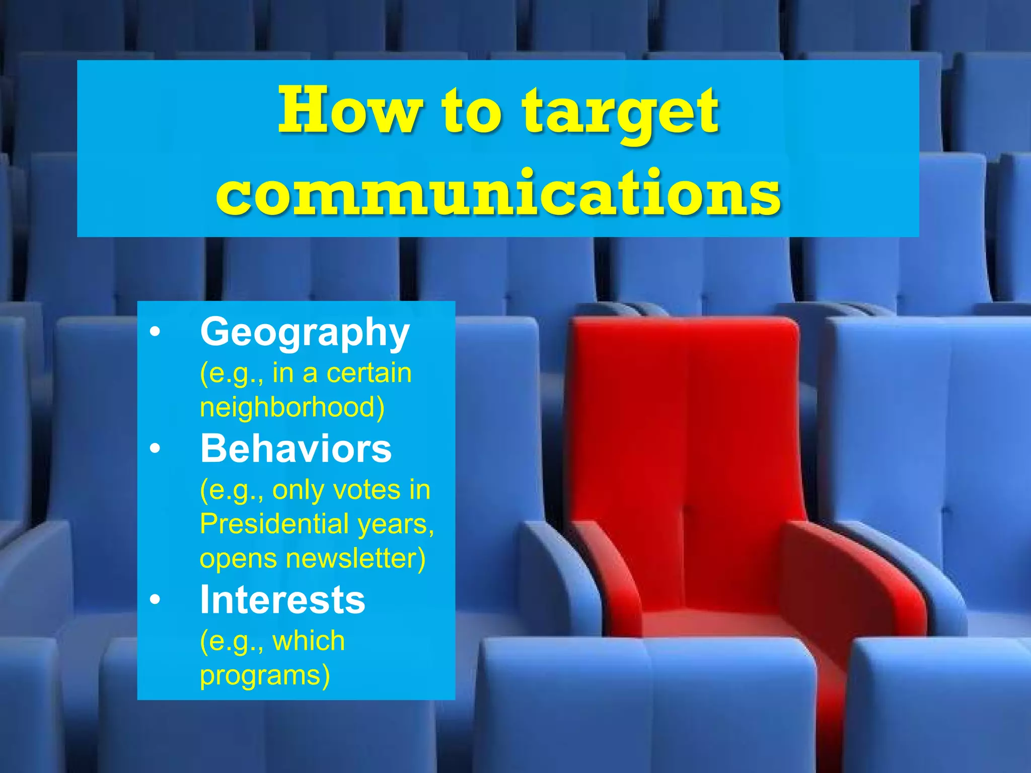 How to target
communications
• Geography
(e.g., in a certain
neighborhood)
• Behaviors
(e.g., only votes in
Presidential years,
opens newsletter)
• Interests
(e.g., which
programs)
 