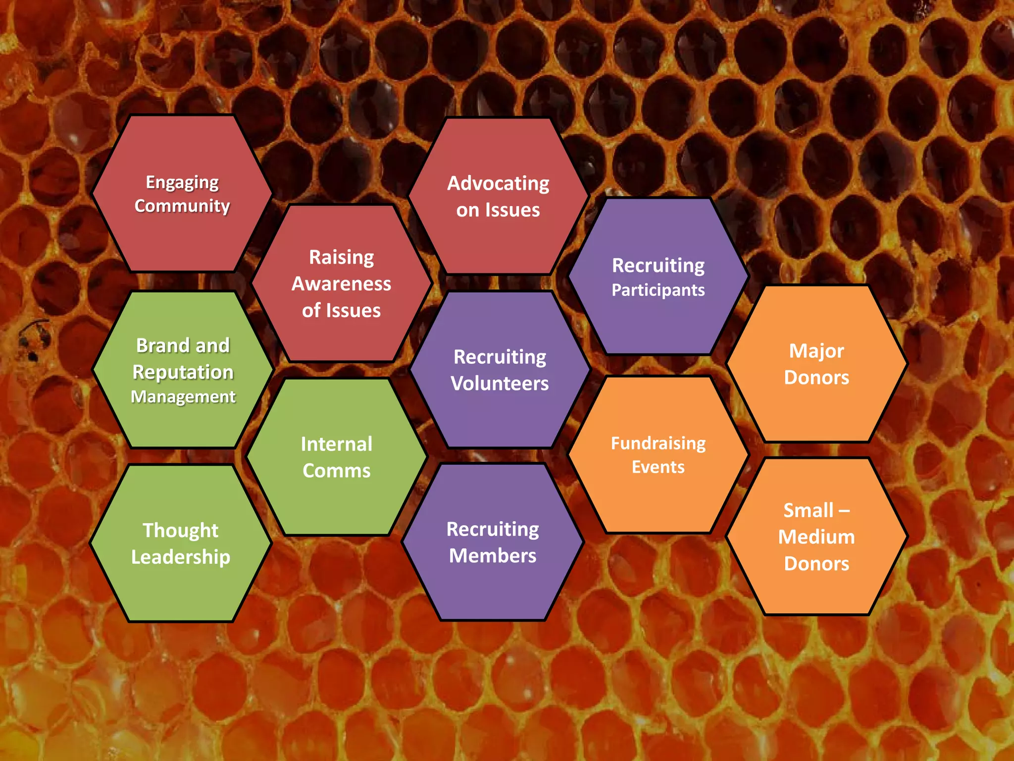 Major
Donors
Small –
Medium
Donors
Fundraising
Events
Recruiting
Volunteers
Recruiting
Members
Raising
Awareness
of Issues
Internal
Comms
Thought
Leadership
Brand and
Reputation
Management
Engaging
Community
Recruiting
Participants
Advocating
on Issues
 