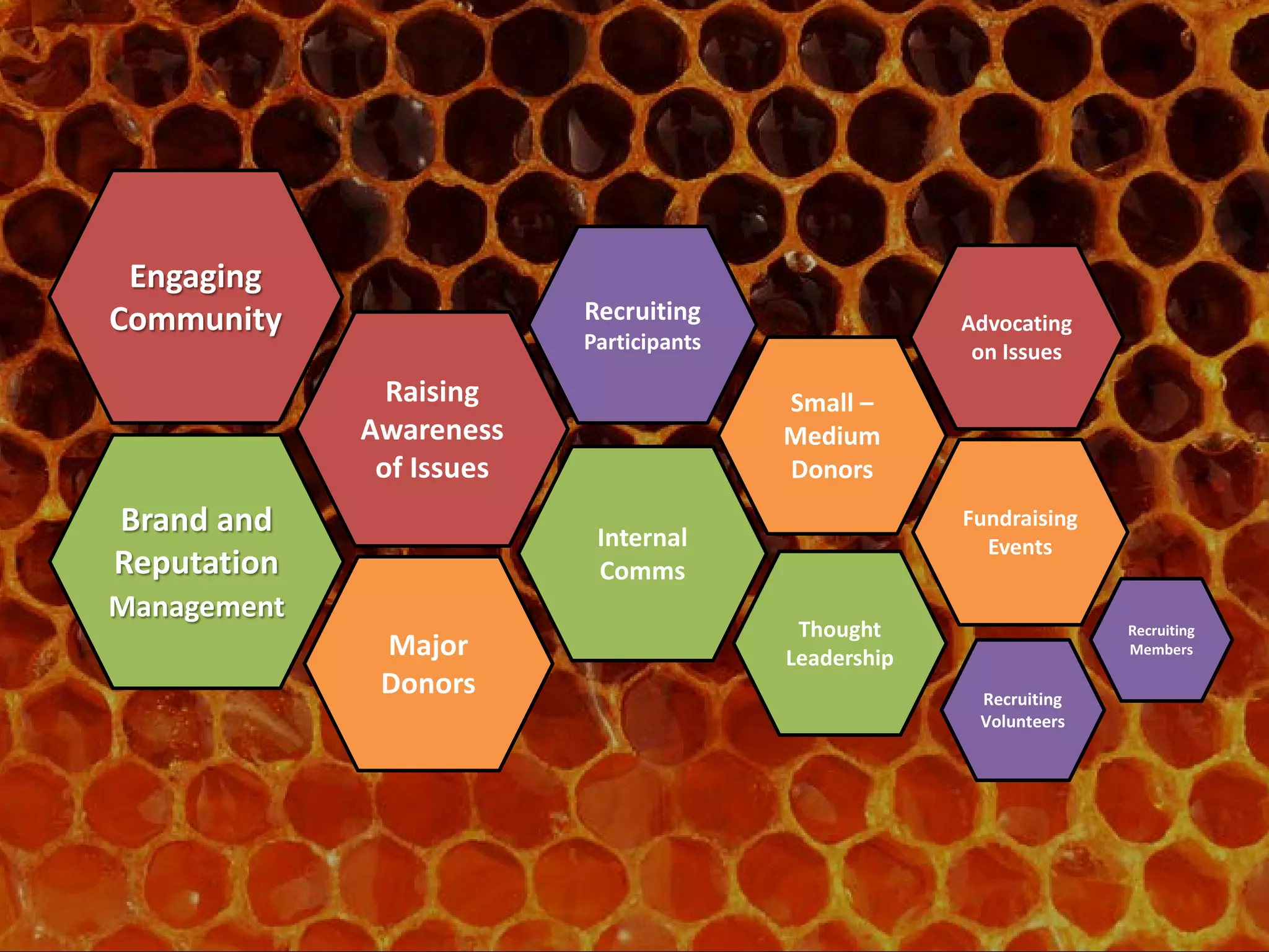 Major
Donors
Small –
Medium
Donors
Raising
Awareness
of Issues
Internal
Comms
Thought
Leadership
Brand and
Reputation
Management
Engaging
Community Recruiting
Participants
Fundraising
Events
Recruiting
Volunteers
Recruiting
Members
Advocating
on Issues
 