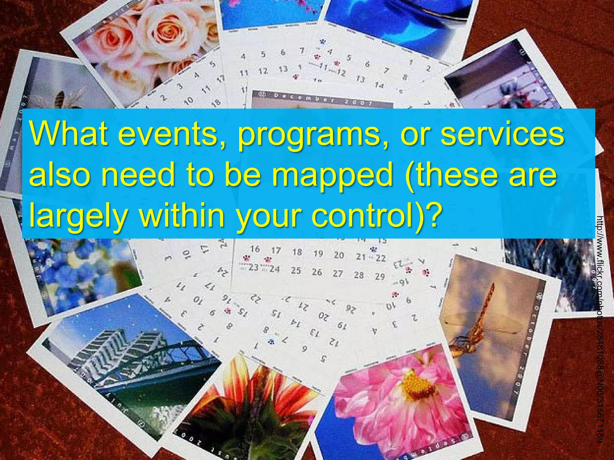 What events, programs, or services
also need to be mapped (these are
largely within your control)?
http://www.flickr.com/photos/28481088@N00/315671189
 