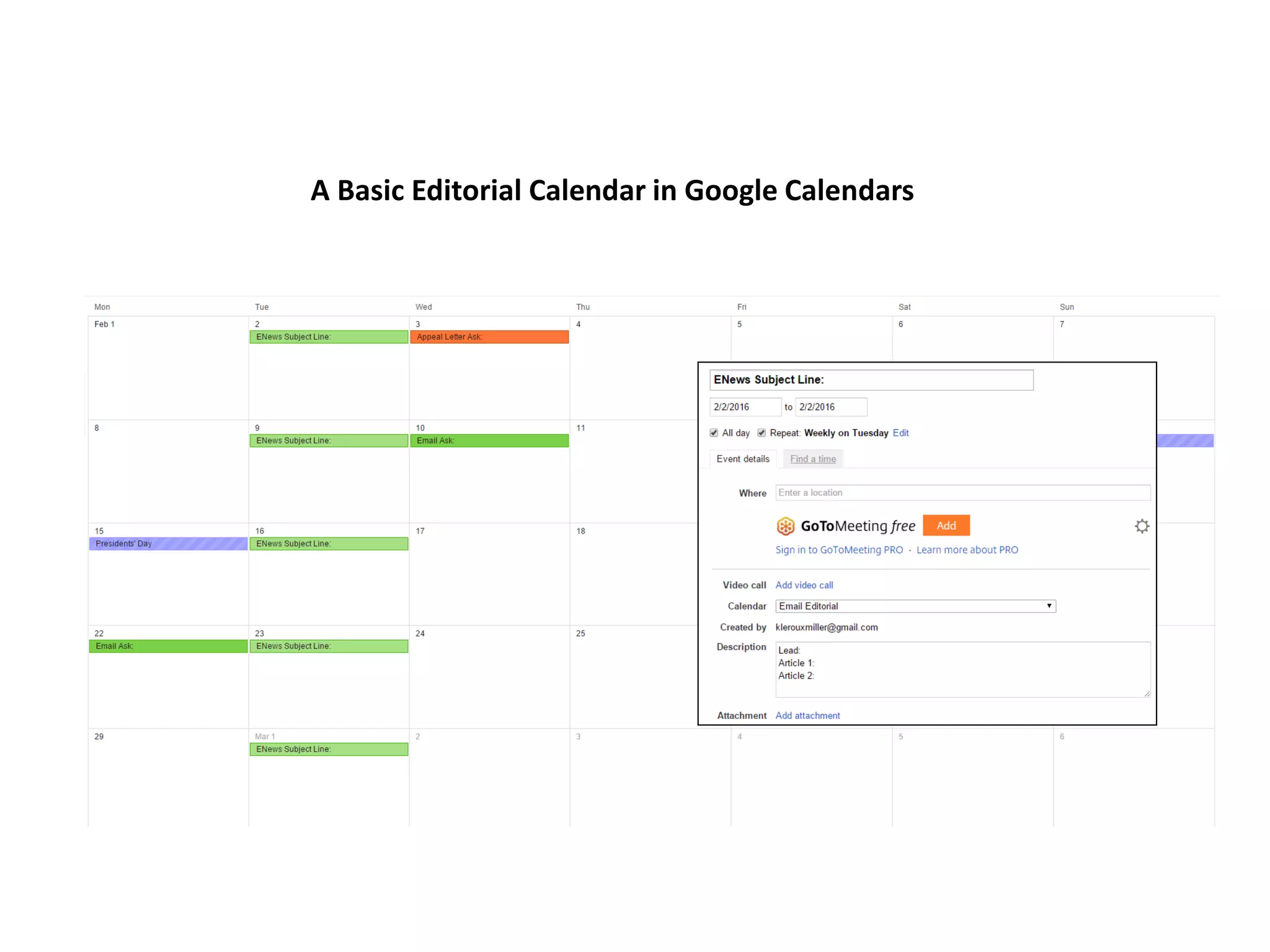 A Basic Editorial Calendar in Google Calendars
 
