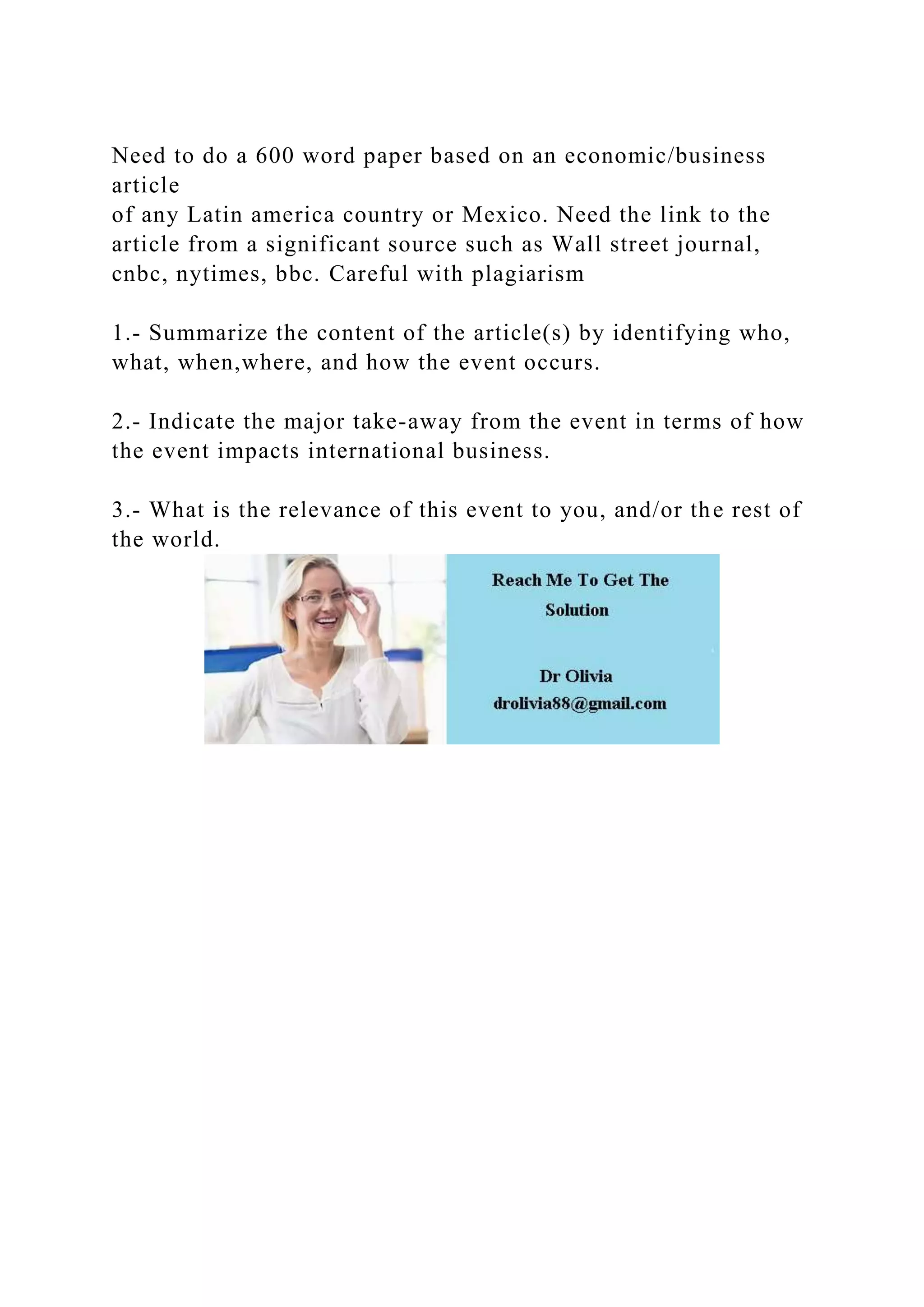 Need to do a 600 word paper based on an economicbusiness article .docx
