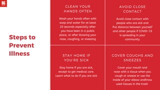 Steps to
Prevent
Illness
CLEAN YOUR
HANDS OFTEN
Wash your hands often with
soap and water for at least
20 seconds especially after
you have been in a public
place, or after blowing your
nose, coughing, or sneezing
AVOID CLOSE
CONTACT
Avoid close contact with
people who are sick and
Put distance between yourself
and other people if COVID-19
is spreading in your
community
COVER COUGHS AND
SNEEZES
Cover your mouth and
nose with a tissue when you
cough or sneeze or use the
inside of your elbow andhrow
used tissues in the trash
STAY HOME IF
YOU’RE SICK
Stay home if you are sick,
except to get medical care.
Learn what to do if you are sick
 