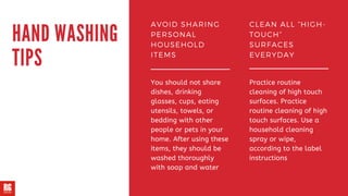 HAND WASHING
TIPS
CLEAN ALL “HIGH-
TOUCH”
SURFACES
EVERYDAY
Practice routine
cleaning of high touch
surfaces. Practice
routine cleaning of high
touch surfaces. Use a
household cleaning
spray or wipe,
according to the label
instructions
AVOID SHARING
PERSONAL
HOUSEHOLD
ITEMS
You should not share
dishes, drinking
glasses, cups, eating
utensils, towels, or
bedding with other
people or pets in your
home. After using these
items, they should be
washed thoroughly
with soap and water
 