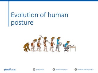 8
Evolution of human
posture
@Physiocouk #manchesterphysio facebook.com/physiocouk
 