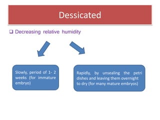 Dessicated
 Decreasing relative humidity
Slowly, period of 1- 2
weeks (for immature
embryo)
Rapidly, by unsealing the petri
dishes and leaving them overnight
to dry (for many mature embryos)
 