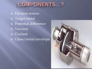  Electron source
 Target metal
 Potential difference
 Vacuum
 Coolant
 Glass/metal envelope
 