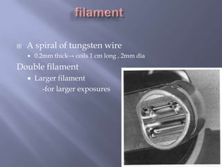  A spiral of tungsten wire
 0.2mm thick→ coils 1 cm long , 2mm dia
Double filament
 Larger filament
-for larger exposures
 