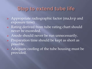  Appropriate radiographic factor (ma,kvp and
exposure time)
 Rating derived from tube rating chart should
never be exceeded.
 Anode should never be run unnecessarily.
 Preparation time should be kept as short as
possible.
 Adequate cooling of the tube housing must be
provided.
 
