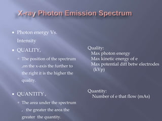  Photon energy Vs.
Intensity
 QUALITY,
 The position of the spectrum
,on the x-axis the further to
the right it is the higher the
quality.
 QUANTITY ,
 The area under the spectrum
, the greater the area the
greater the quantity.
Quality:
Max photon energy
Max kinetic energy of e
Max potential diff betw electrodes
(kVp)
Quantity:
Number of e that flow (mAs)
 