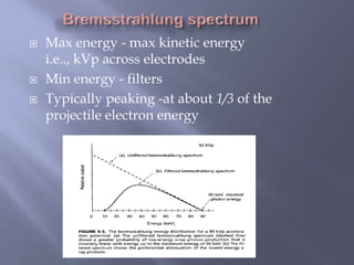  Max energy - max kinetic energy
i.e.., kVp across electrodes
 Min energy - filters
 Typically peaking -at about 1/3 of the
projectile electron energy
 
