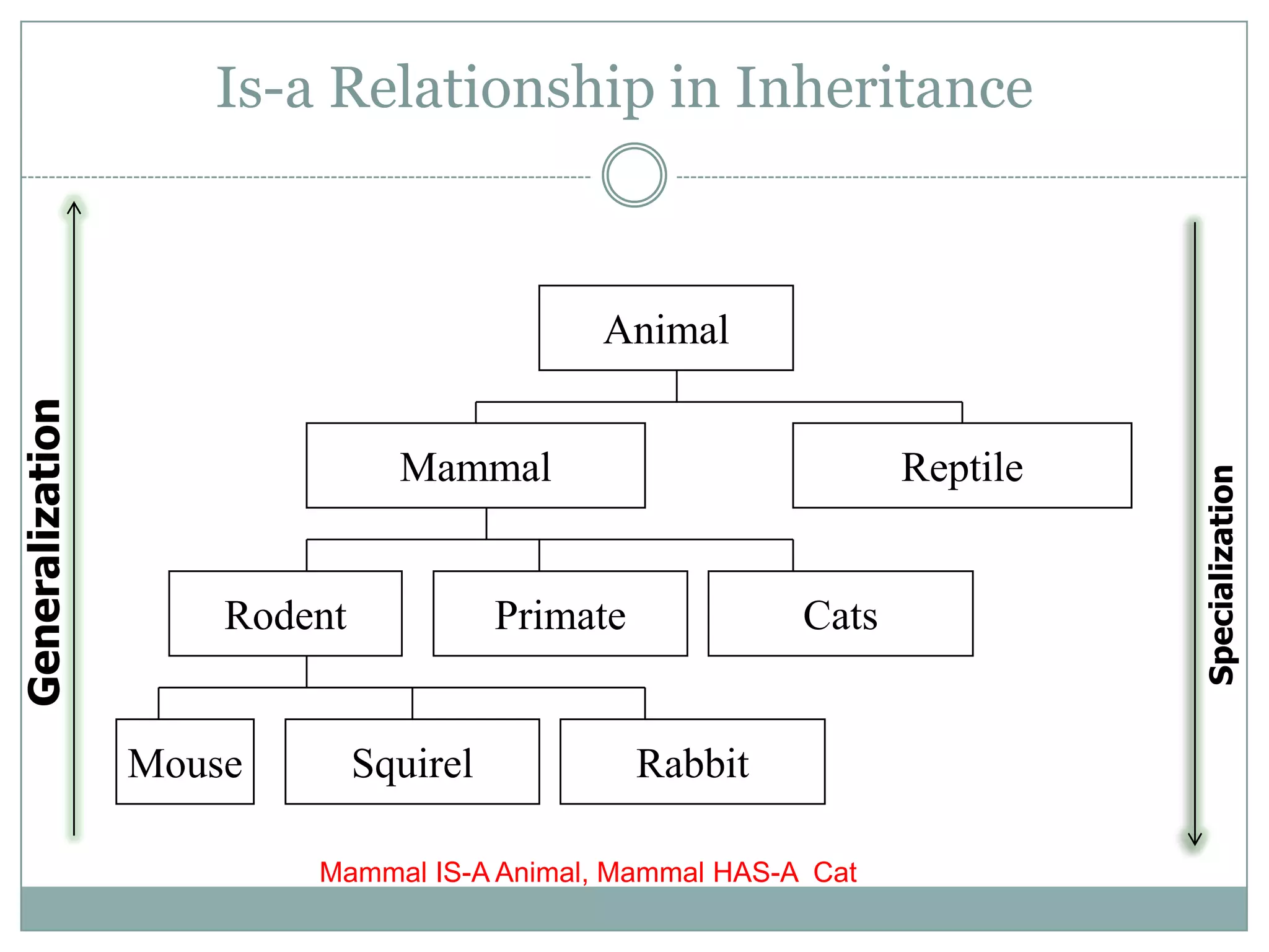 Is-a Relationship in Inheritance



                                             Animal
Generalization




                                Mammal                            Reptile




                                                                            Specialization
                     Rodent             Primate            Cats


                 Mouse        Squirel             Rabbit

                         Mammal IS-A Animal, Mammal HAS-A Cat
 