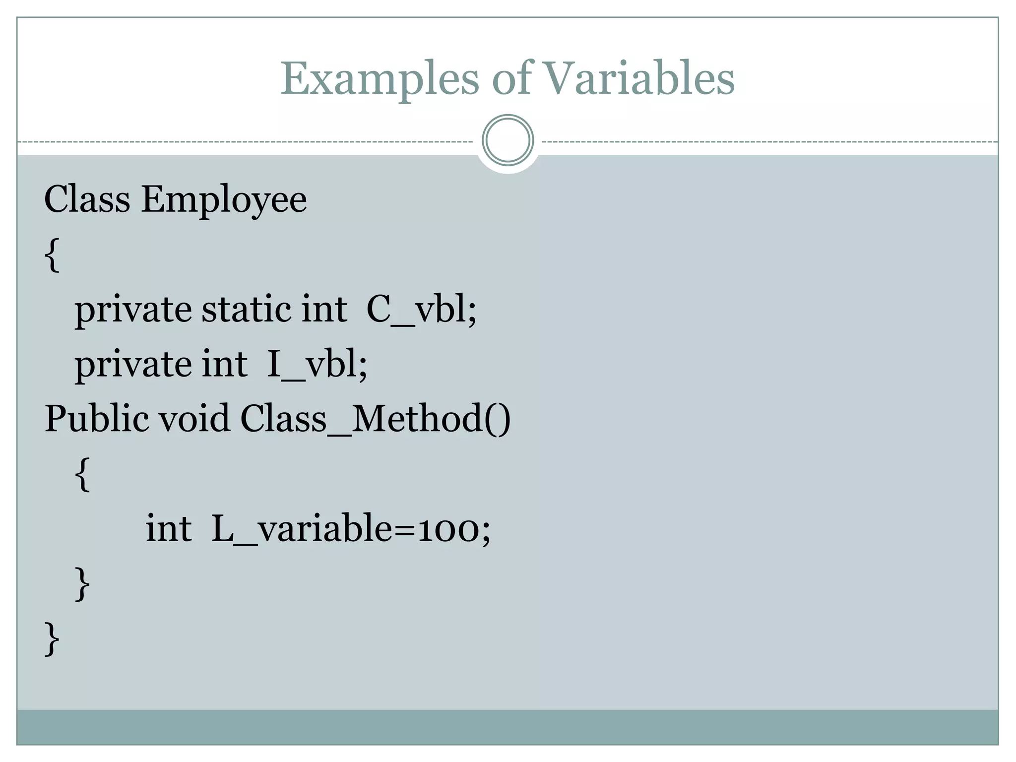 Examples of Variables

Class Employee
{
  private static int C_vbl;
  private int I_vbl;
Public void Class_Method()
  {
      int L_variable=100;
  }
}
 