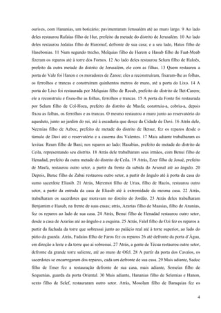 4
ourives, com Hananias, um boticário; pavimentaram Jerusalém até ao muro largo. 9 Ao lado
deles restaurou Rafaías filho de Hur, prefeito da metade do distrito de Jerusalém. 10 Ao lado
deles restaurou Jedaías filho de Haromaf, defronte de sua casa; e a seu lado, Hatus filho de
Hasebonias. 11 Num segundo trecho, Melquias filho de Herem e Hasub filho de Faat-Moab
fizeram os reparos até à torre dos Fornos. 12 Ao lado deles restaurou Selum filho de Haloés,
prefeito da outra metade do distrito de Jerusalém, ele com as filhas. 13 Quem restaurou a
porta do Vale foi Hanon e os moradores de Zanoe; eles a reconstruíram, fixaram-lhe as folhas,
os ferrolhos e trancas e construíram quinhentos metros de muro, até a porta do Lixo. 14 A
porta do Lixo foi restaurada por Melquias filho de Recab, prefeito do distrito de Bet-Carem;
ele a reconstruíu e fixou-lhe as folhas, ferrolhos e trancas. 15 A porta da Fonte foi restaurada
por Selum filho de Col-Hoza, prefeito do distrito de Masfa; construiu-a, cobriu-a, depois
fixou as folhas, os ferrolhos e as trancas. O mesmo restaurou o muro junto ao reservatório do
aqueduto, junto ao jardim do rei, até à escadaria que desce da Cidade de Davi. 16 Atrás dele,
Neemias filho de Azboc, prefeito de metade do distrito de Betsur, fez os reparos desde o
túmulo de Davi até o reservatório e a caserna dos Valentes. 17 Mais adiante trabalharam os
levitas: Reum filho de Bani; nos reparos ao lado: Hasabias, prefeito de metade do distrito de
Ceila, representando seu distrito. 18 Atrás dele trabalharam seus irmãos, com Benui filho de
Henadad, prefeito da outra metade do distrito de Ceila. 19 Atrás, Ezer filho de Josué, prefeito
de Masfa, restaurou outro setor, a partir da frente da subida do Arsenal até ao ângulo. 20
Depois, Baruc filho de Zabai restaurou outro setor, a partir do ângulo até à porta da casa do
sumo sacerdote Eliasib. 21 Atrás, Meremot filho de Urias, filho de Hacós, restaurou outro
setor, a partir da entrada da casa de Eliasib até à extremidade da mesma casa. 22 Atrás,
trabalharam os sacerdotes que moravam no distrito do Jordão. 23 Atrás deles trabalharam
Benjamim e Hasub, na frente de suas casas; atrás, Azarias filho de Maasias, filho de Ananias,
fez os reparos ao lado de sua casa. 24 Atrás, Benui filho de Henadad restaurou outro setor,
desde a casa de Azarias até ao ângulo e a esquina. 25 Atrás, Falel filho de Ozi fez os reparos a
partir da fachada da torre que sobressai junto ao palácio real até à torre superior, ao lado do
pátio da guarda. Atrás, Fadaías filho de Faros fez os reparos 26 até defronte da porta d’Água,
em direção a leste e da torre que aí sobressai. 27 Atrás, a gente de Técua restaurou outro setor,
defronte da grande torre saliente, até ao muro de Ofel. 28 A partir da porta dos Cavalos, os
sacerdotes se encarregaram dos reparos, cada um defronte de sua casa. 29 Mais adiante, Sadoc
filho de Emer fez a restauração defronte de sua casa, mais adiante, Semeías filho de
Sequenias, guarda da porta Oriental. 30 Mais adiante, Hananias filho de Selemias e Hanon,
sexto filho de Selef, restauraram outro setor. Atrás, Mosolam filho de Baraquias fez os
 