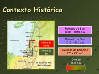 Reinado de Saul 1050 – 1010 a.C. Reinado de Davi 1010 – 970 a.C. Reinado de Salomão 970 - 930 a.C. Reino do Norte Reino do Sul Divisão 930 a.C Contexto Histórico 