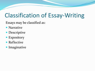 Classification of Essay-Writing
Essays may be classified as:
 Narrative
 Descriptive
 Expository
 Reflective
 Imaginative
 